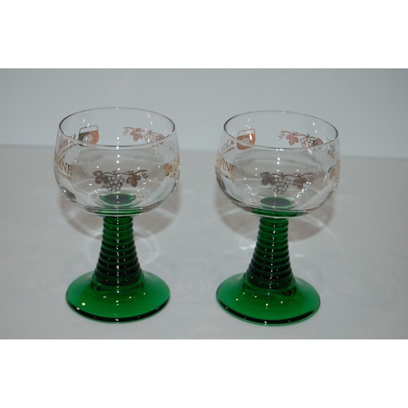 2 Vintage German SCHMITT SOHNE Cordial Wine GLASSES Goblet Green Ribbed Stem - Picture 2 of 5
